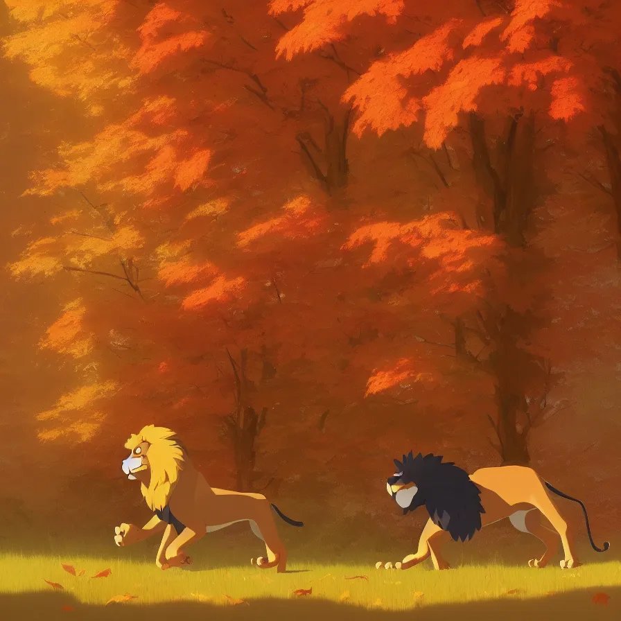 Image similar to Goro Fujita illustrating side view of a lion walking through a beautiful autumn forest, art by Goro Fujita, sharp focus, highly detailed, ArtStation