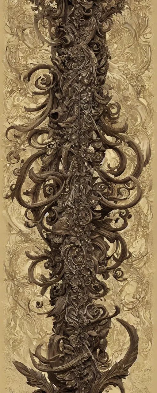 Image similar to beautiful fantasy giant sword carved with decorative ornament, acanthus scrolls, lilies, ivy, energy, geometry, bones, petals, stems, ceremonial clouds, dripping paint, fibonacci rhythm, artstation, artgerm, wlop, symmetric ornaments