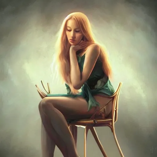 Image similar to a beautiful woman tied to a chair with spaghetti, painting by Charlie Bowater and artgerm