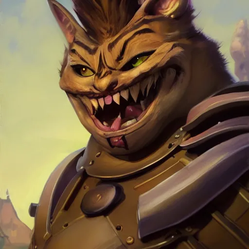 Image similar to greg manchess portrait painting of partially armored cheshire cat from alice in wonderland as overwatch character, medium shot, asymmetrical, profile picture, organic painting, sunny day, matte painting, bold shapes, hard edges, street art, trending on artstation, by huang guangjian, gil elvgren, ruan jia, randy vargas, greg rutkowski