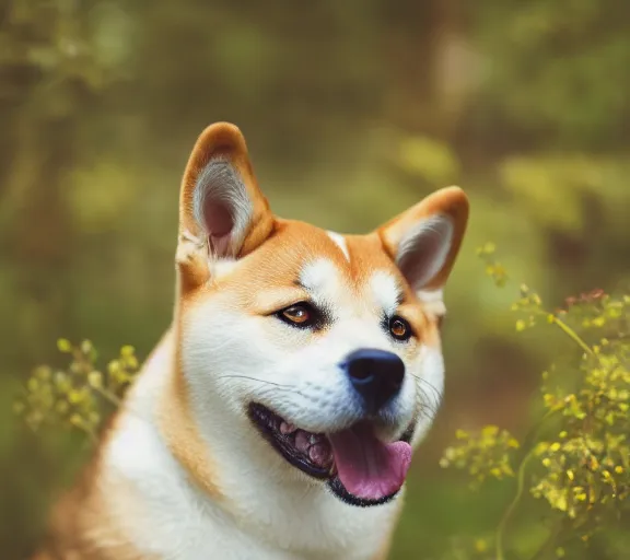 Image similar to a portrait of shiba inu with a mushroom cap growing on its head. intricate. lifelike. soft light. sony a 7 r iv 5 5 mm. cinematic post - processing