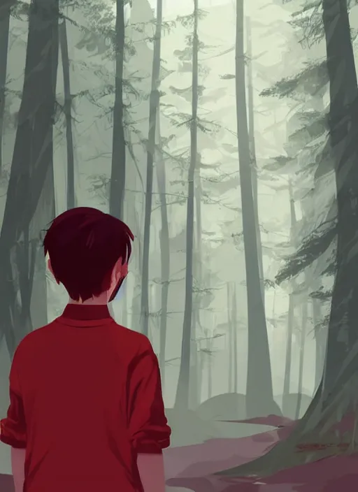 Prompt: a twelve year old boy with red hair sits peacefully in a misty forest. clear detailed face. clean cel shaded vector art. shutterstock. behance hd by lois van baarle, artgerm, helen huang, by makoto shinkai and ilya kuvshinov, rossdraws, illustration, art by ilya kuvshinov