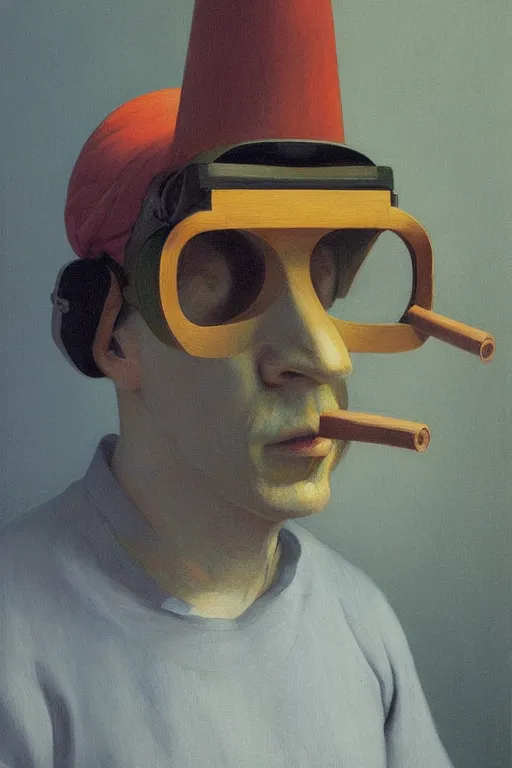 Prompt: Carpenter wearing oculus and tobacco over his head, Edward Hopper and James Gilleard, Zdzislaw Beksisnski, highly detailed