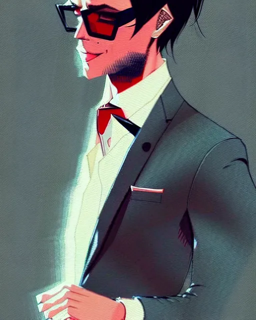 Image similar to a ultradetailed portrait painting of a stylish man wearing suit outfit, by conrad roset, greg rutkowski and makoto shinkai trending on artstation