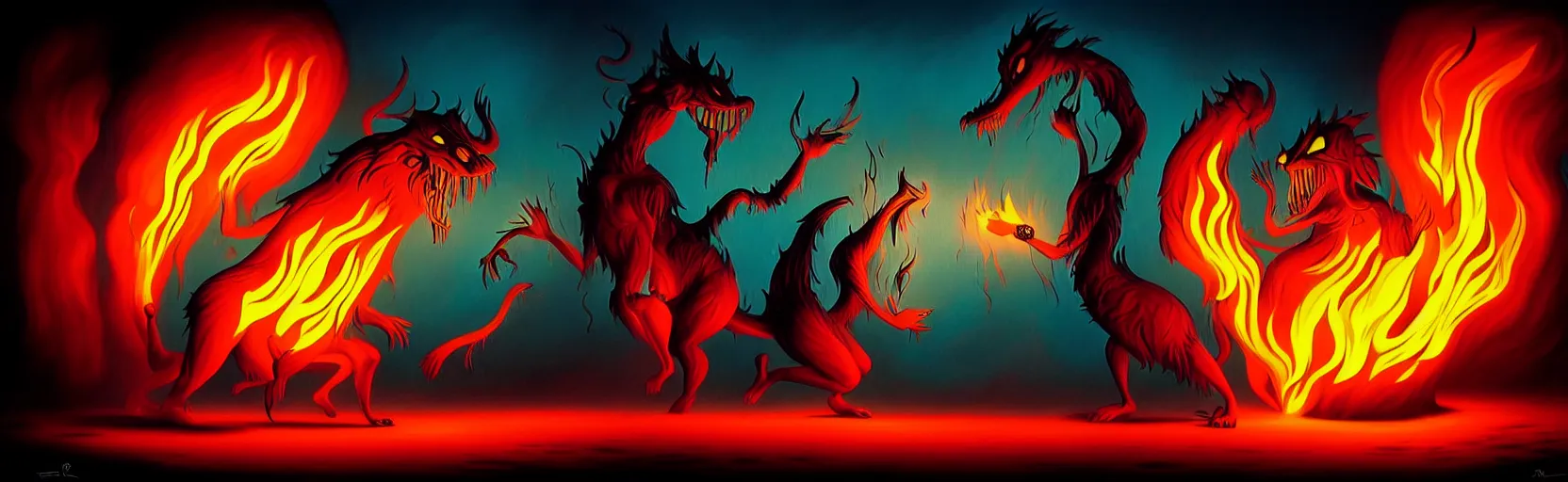 Prompt: strange mythical creatures of fire, from the darkest depths of unconscious, dramatic lighting, classic fleischer cartoon characters, surreal painting by ronny khalil