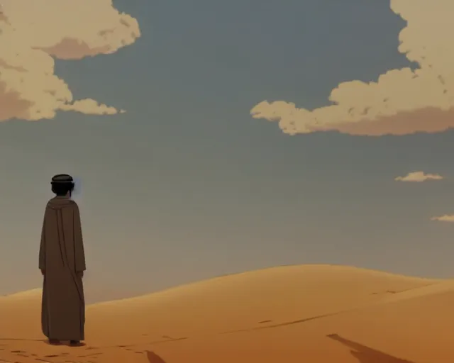 Prompt: an arab man in the desert with wildflowers, makoto shinkai, loish, studio ghibli, tooth wu