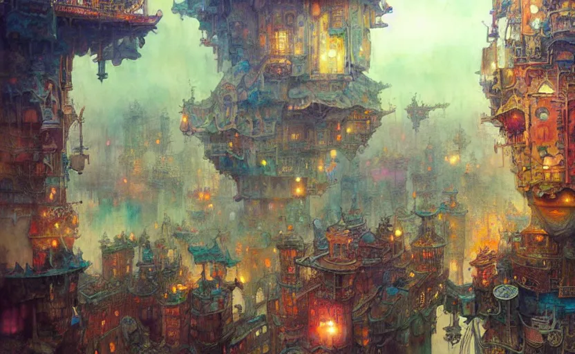 Prompt: the amazing floating city, fantasy, steampunk. intricate, amazing composition, colorful watercolor, by ruan jia, by maxfield parrish, by marc simonetti, by hikari shimoda, by robert hubert, by zhang kechun, illustration, gloomy