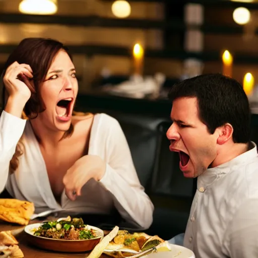 Image similar to wife and husband screaming at the restaurant for the awful dinner, 8K, Cinematic lights