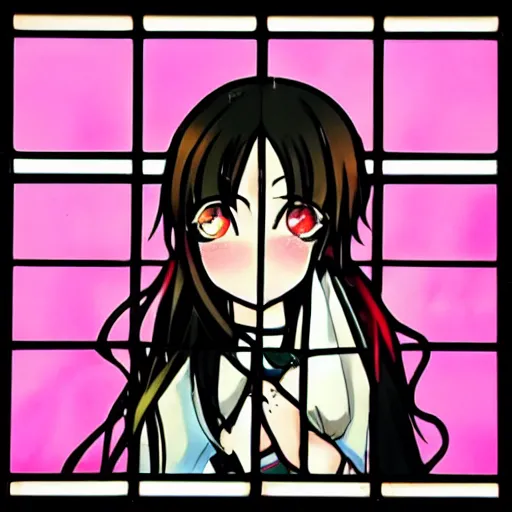 Prompt: very very very very very very beautiful cute anime girl, Holding a pink gun, crying and shooting, stained glass window