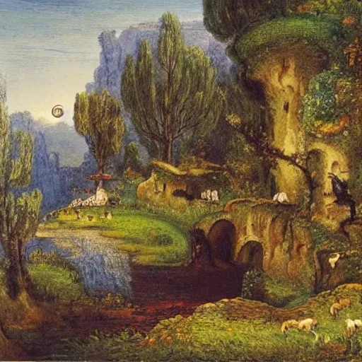 Prompt: A beautiful print of a landscape. It is a stylized and colorful view of an idyllic, dreamlike world with rolling hills, peaceful looking animals, and a flowing river. The scene looks like it could be from another planet, or perhaps a fairy tale. pottery by Gustave Moreau neat