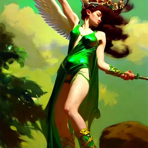 Prompt: greg manchess painting of goddess of hunt wearing shiny mythical green clothes, green and white long hair, long wings, large angelic sword, soft lighting, trending on artstation, by huang guangjian and gil elvgren and sachin teng