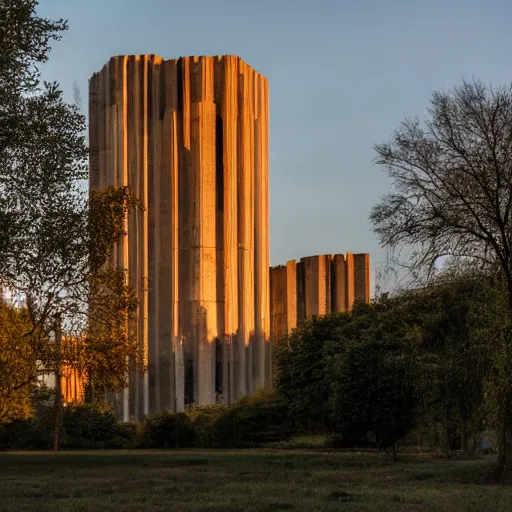 Prompt: a wide shot of a sci - fi beautiful brutalist monumental building, with many rounded elements sprouting from the base tower creating a feel of an organic structure, photography shot at golden hour