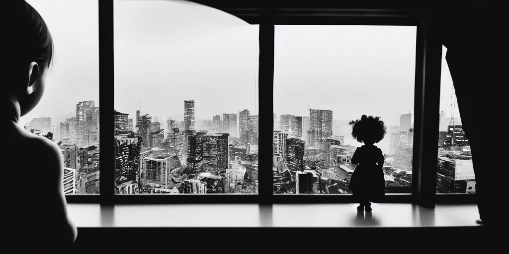 Image similar to overlooking on night city cyberpunk from floor to ceiling window, one little girl, beautiful hair at the back, looking out the window, liminal, cinematic, dreamscape