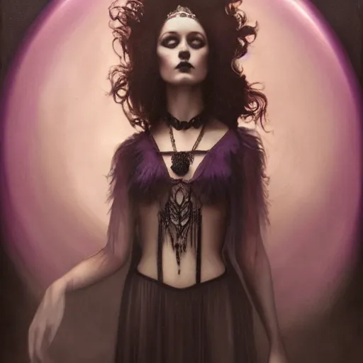 Prompt: by tom bagshaw, photorealistic body shot of a carnival, very stunning beautiful curvy full gothic long dress, ultra deep fog, purple black lustrous thin haircut, glowing glass spheres, reflections and refractions, symmetry accurate features, focus, very intricate ultrafine details, award winning masterpiece