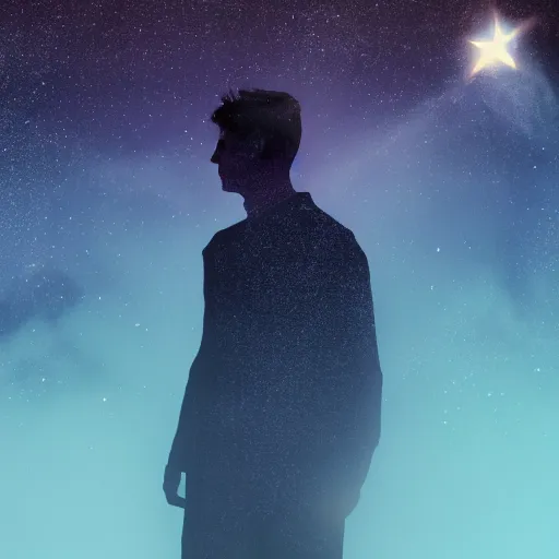 Prompt: silhouette of man, filled with deep space field of twinkling stars, award-winning portrait of face, fantasy horror, 8k, 4k, , matte finish, pixiv, unnerving, volumetric lighting, highly detailed