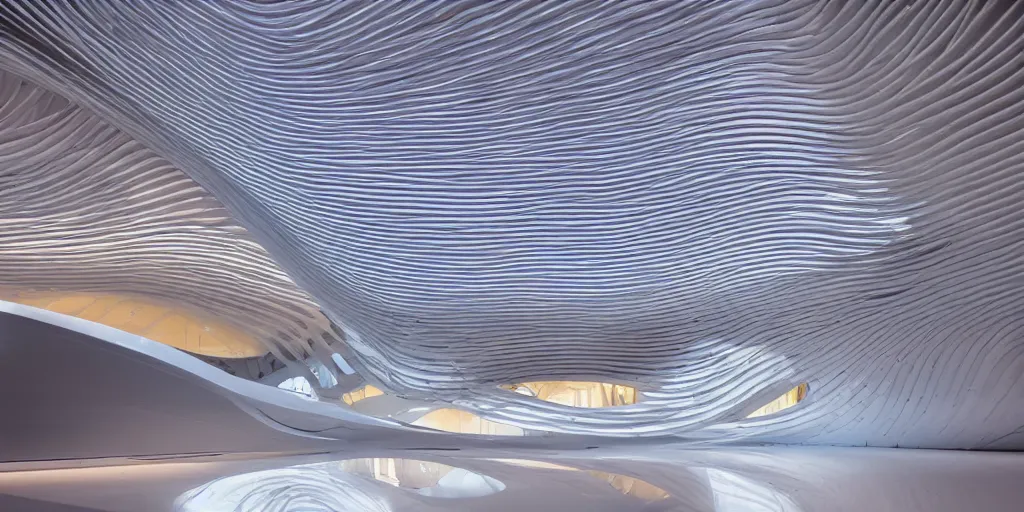 Image similar to extremely detailed awe ornate stunning beautiful futuristic smooth curvilinear elegant museum interior by zaha hadid, translucent gills, stunning volumetric light, stainless steel, concrete, translucent material, beautiful sunset, hyper real, 8k, colorful, 3D cinematic volumetric light, atmospheric light