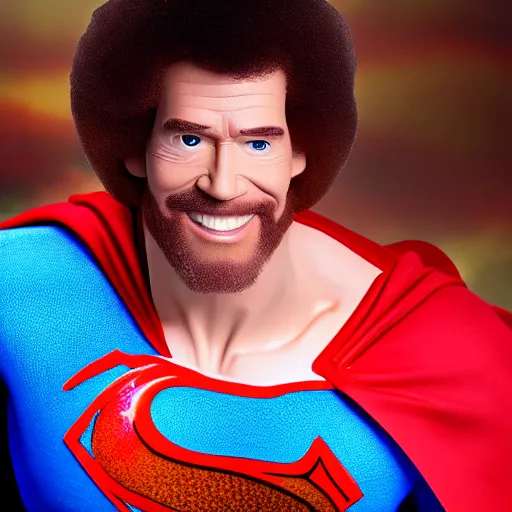 Image similar to bob ross as superman, cinematic. studio lighting. 4 k.