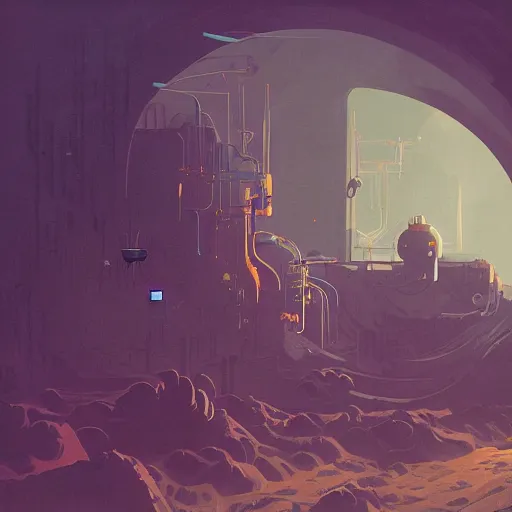 Image similar to underwater mining station, dark, sinister, brush strokes, heavy paint, gradients, highly detailed, digital illustration, concept art, smooth, sharp focus, pleasing aesthetics, josan gonzalez, simon stalenhag, ralph mcquarrie