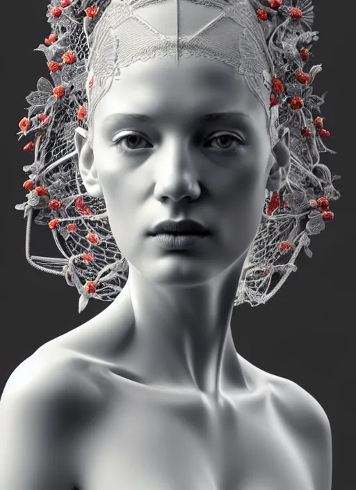 Image similar to complex 3d render ultra detailed of a beautiful porcelain profile young woman face, biomechanical cyborg, 150 mm lens, beautiful studio soft light, rim light, silver white gold red details, magnolia big monochromatic lemon leaves and stems, roots, fine foliage lace, mesh wire, Alexander Mcqueen high fashion haute couture, art nouveau fashion embroidered, intricate details, hyper realistic, ultra detailed, mandelbrot fractal, anatomical, facial muscles, cable wires, microchip, elegant, octane render, H.R. Giger style, black eyes, plump lips, volumetric lighting, 8k post-production, trending on Artstation