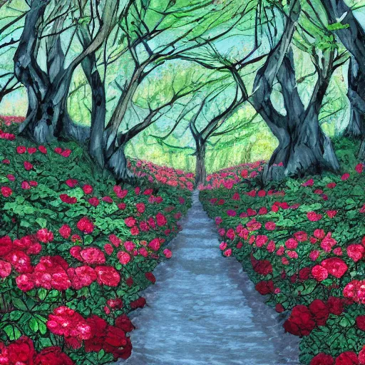 Image similar to pixiv scenery art of a rose forest