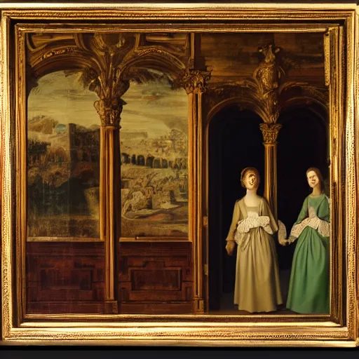 Prompt: fine art, oil on canvas. two women in a vast castle lobby wearing fine clothes, two are women talking close to the windows far from the first two. dark room with light coming through the right side of the place. baroque style 1 6 5 6. high quality recreation of illumination shadows and colors, no distortion on subject faces.