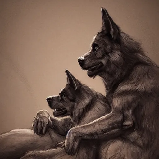 Image similar to two humanoid german shepherds beast - men, sitting on a couch and hugging together, artstation, concept art, smooth, sharp foccus ilustration, artstation