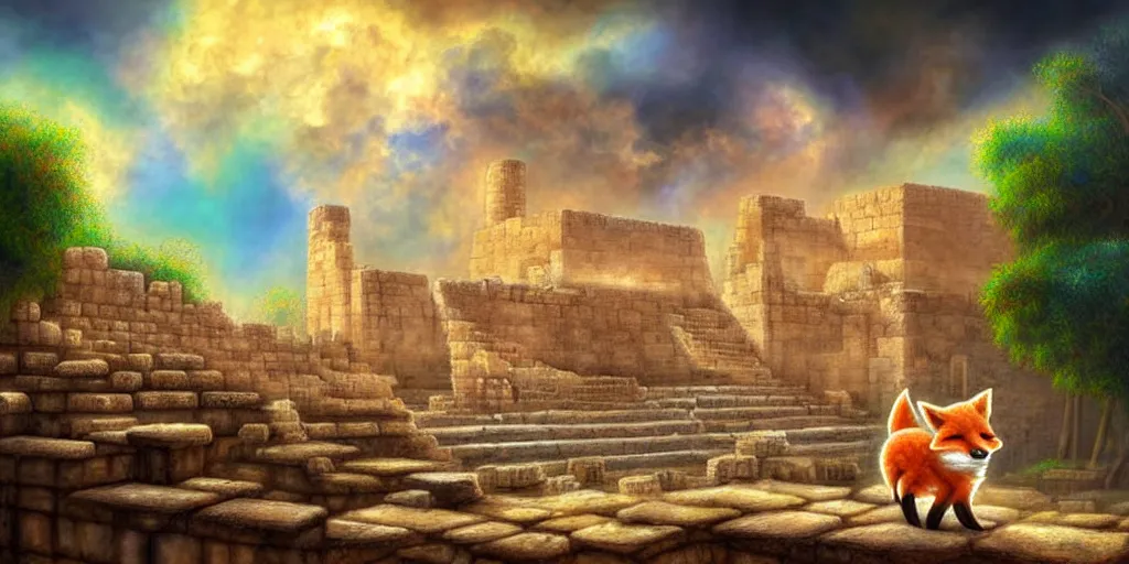 Image similar to illusion painting hidden temple in the clouds : an adorable small fox in the huge ruins of the second temple in jerusalem. a new temple hovers quietly hiding in the dreamy clouds above. a hooded bearded old man in a brown tunic laughing, colorful 8 k, art station, intricate superb details, digital art, illusion painting hidden image.