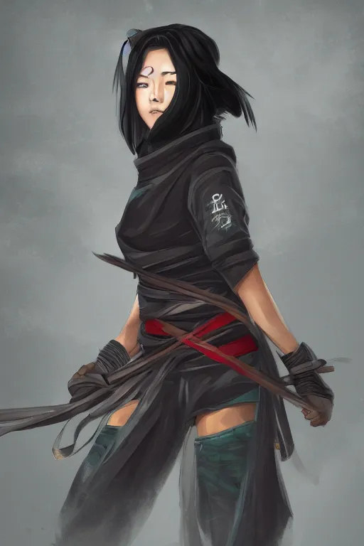 Image similar to native japanese young woman dressed like shinobi ninja, focused stare, partially masked, digital painting, trending on artstation, character design, overcast weather