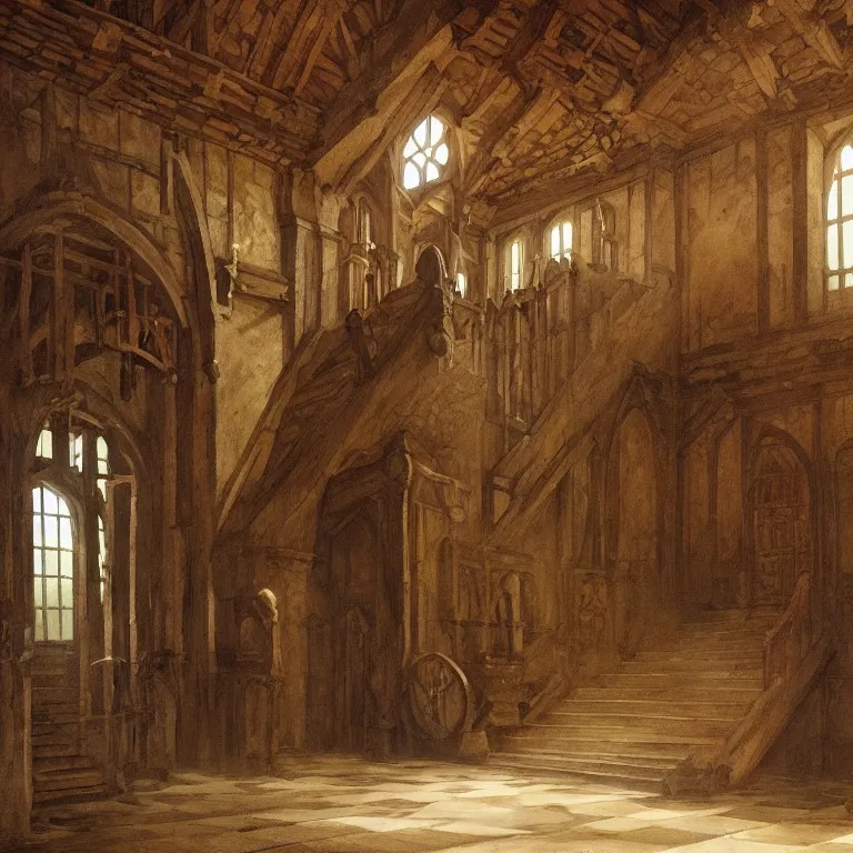 Image similar to a detailed painting of a medieval hall with wooden walls, big marble statue and staircase to the second floor. fantasy poster. lord of the rings style. cinematic fantasy scene. fantasy. carl spitzweg. renaissance elements. renaissance element. oil painting. award winning. trending on artstation. 8 k