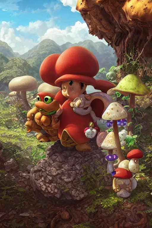 Prompt: portrait of Toad and Yoshi in the mushroom kingdom, D&D, fantasy, highly detailed, digital painting, artstation, concept art, smooth, sharp focus, illustration, art by artgerm and greg rutkowski and alphonse mucha