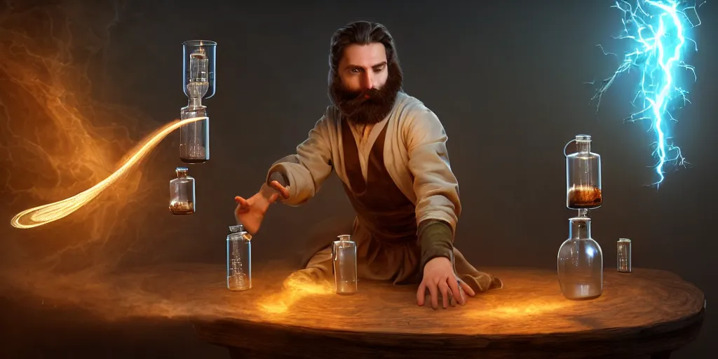 Image similar to a handsome bearded caucasian male sorcerer with brown hair he is casting a spell with flowing energy, he is in a alchemist lab filled with beakers and equipment, neutral pose, epic composition, 4 k, light rays, by dave melvin 3. 0 | dan luvisi 1. 0 | gilles beloeil 2. 5