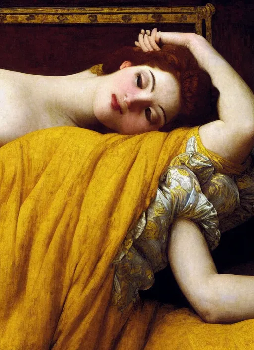 Image similar to masterpiece portrait of lady reclining on bed wearing yellow ochre ornate medieval dress, vertical, foreshortening, colour photography by frederic leighton, william morris, 8 k