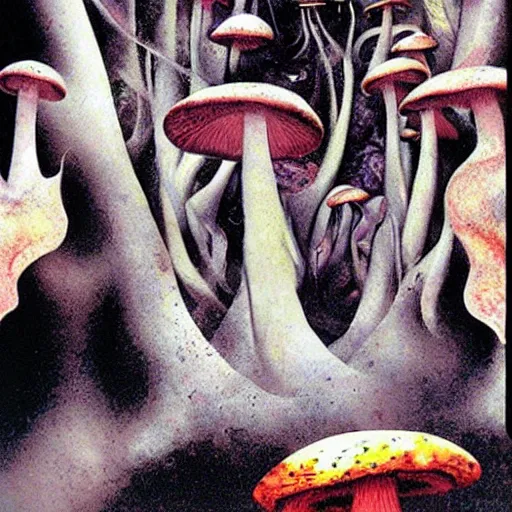 Image similar to psychedelic mushrooms dream, by dave mckean