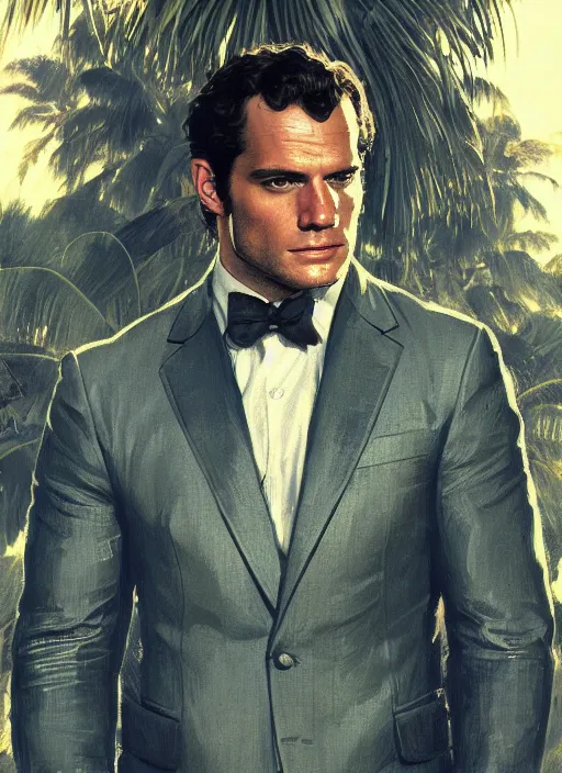 Prompt: portrait of henry cavill as james bond, key art, sprinting, palm trees, aston martin, highly detailed, digital painting, artstation, concept art, cinematic lighting, sharp focus, illustration, by gaston bussiere alphonse mucha