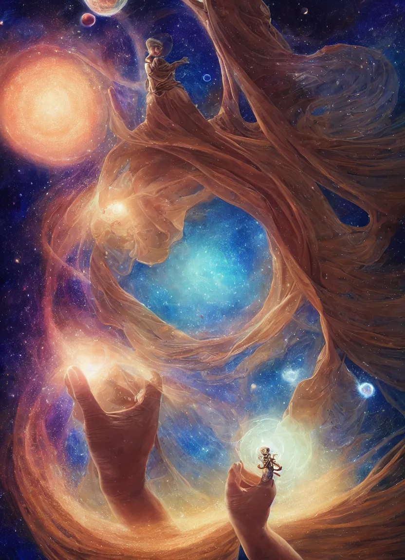 Prompt: high intricate dreamy painting of the sandman holding perfect round interconnected galaxies, full shot, neil gaiman, maria panfilova, andrea savchenko, mike kime, ludovic plouffe, qi shengluo, oliver cook, julian calle, eddie mendoza, trending on artstation