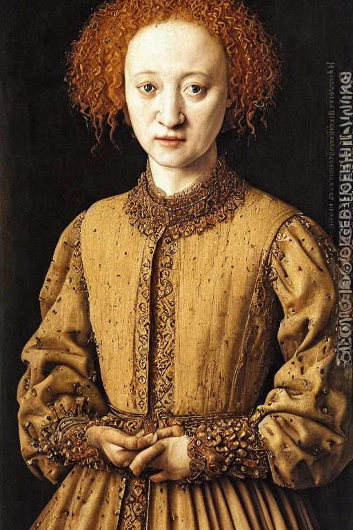 Image similar to portrait of julia garner, oil painting by jan van eyck, northern renaissance art, oil on canvas, wet - on - wet technique, realistic, expressive emotions, intricate textures, illusionistic detail
