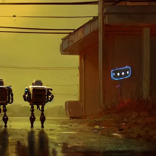 Prompt: Beautiful cinematic scene of two damaged robots standing near an abandoned gas station, post apocalyptic, at night, peaceful, science fiction, award-winning, cinematic lighting, insanely detailed, very realistic, Artstation, Cgsociety, by Simon Stalenhag, directed by Denis Villeneuve, filmic