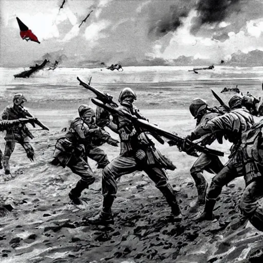 Image similar to Dinosaur soldiers storming Normandy beach in World War II, Yoji Shinkawa