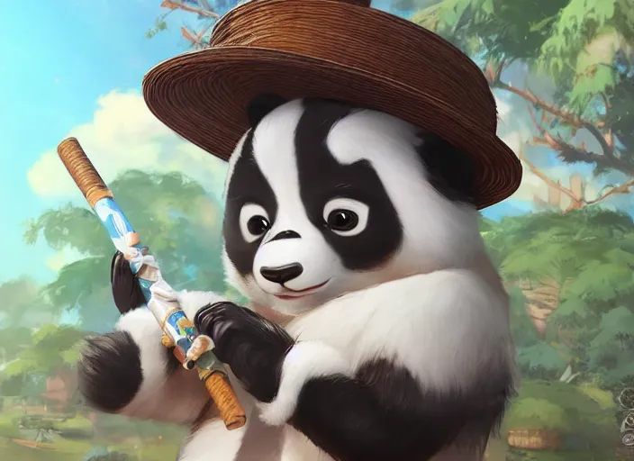 Image similar to award - winning detailed concept art of a cute iconic anthropomorphic panda character wearing a straw hat. art by wlop on bcy. net, realistic. detailed feathers, art by cheng yi. artstationhd, artgerm, 3 dcg, pixar zootopia. 3 d rendering, high quality model sheet, disney. model sheet detailed