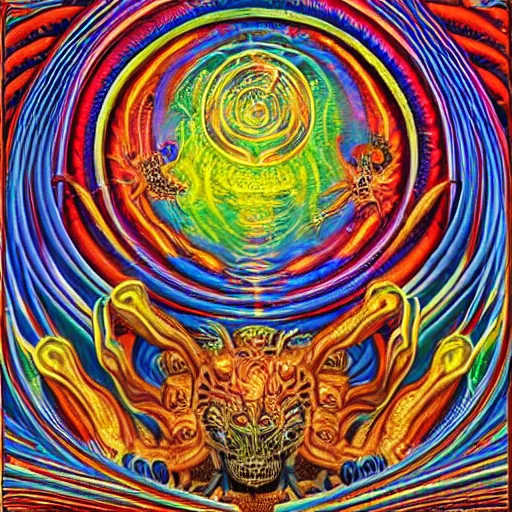 Image similar to a vivid image of the portal to hell in a puzzle box by clive barker and alex grey and lisa frank and michael whelan, symmetry accurate features, very intricate details, 8 k, hires