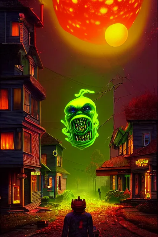 Image similar to a hyperrealistic vray rendering of a quiet autumn town being invaded by glowing ugly toxic dangerous monsters in the night, cinematic horror by chris cunningham, lisa frank, richard corben, highly detailed, vivid color,