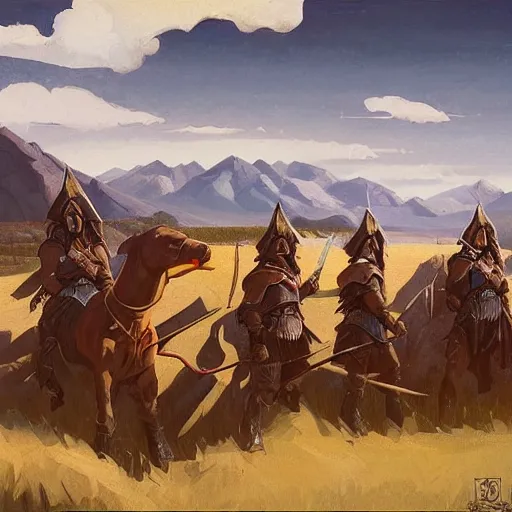 Prompt: slavic orcs in the steppe, magic the gathering artwork, orcs lord of the rings, orthodox, art by nicholas roerich and greg rutkowski