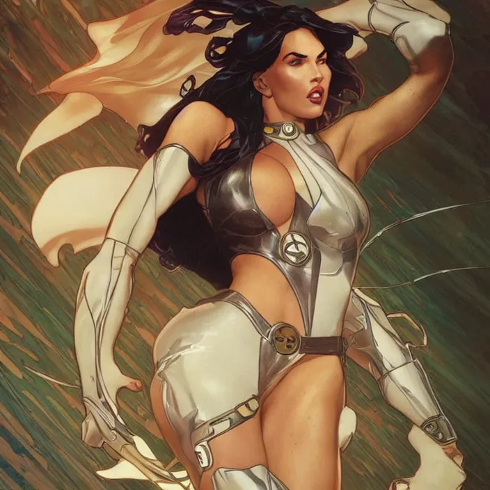 Image similar to megan fox as power girl by artgerm, greg rutkowski, alphonse mucha