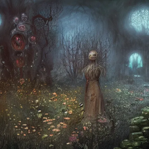 Image similar to a beautiful fantasy storybook illustration of a cursed garden. by seb mckinnon and anastasia trusova, trending on artstation 8k hq