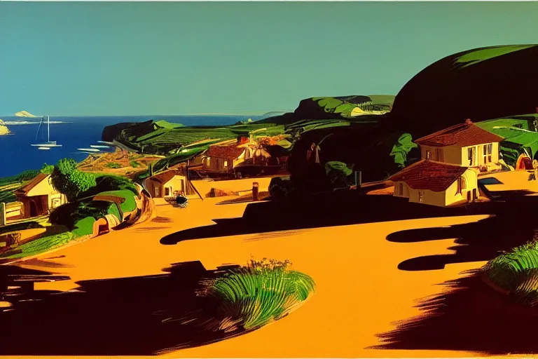 Prompt: a small village on top of a hill near the sea, painted by Syd Mead, Low key lighting, ultra detailed, 8k