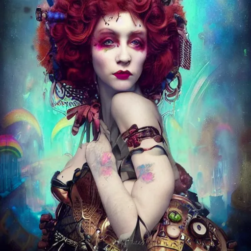 Prompt: photorealistic soft paint render of a curiosities carnival, single young beautiful dollpunk in a full steampunk corset, cyberpunk dyed haircut, symmetry accurate features, focus, rainbow lighting, very intricate details, award winning masterpiece, by tom bagshaw