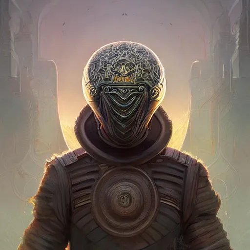 Image similar to professional ominous concept art portrait of a character with a mandala helmet by artgerm and greg rutkowski. an intricate, elegant, highly detailed digital painting, concept art, smooth, sharp focus, illustration, in the style of simon stalenhag, wayne barlowe, and igor kieryluk.