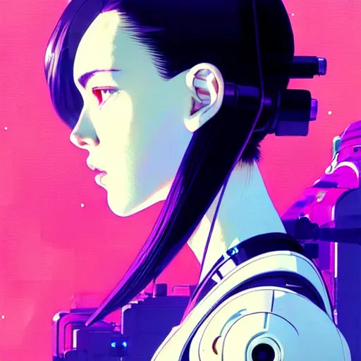 Image similar to side portrait scifi cyborg girl with robotic parts and spacesuit | | head only in center of image, audrey plaza, fine detail!! anime!! realistic shaded lighting!! poster by ilya kuvshinov katsuhiro otomo ghost - in - the - shell, magali villeneuve, artgerm, jeremy lipkin and michael garmash and rob rey