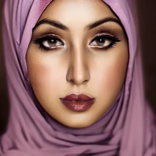 Prompt: headshot portrait of a hijabi queen with beautiful crown, beautiful, symmetrical, soft lighting, detailed, cinematic, stunning, mucha, portrait photo, and art germ, clear detail