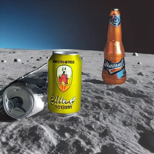 Prompt: photo of a detailed realistic idle regular sized electric guitar and a detailed realistic idle regular sized beer can next to one another on the moon surface. realistic. detailed